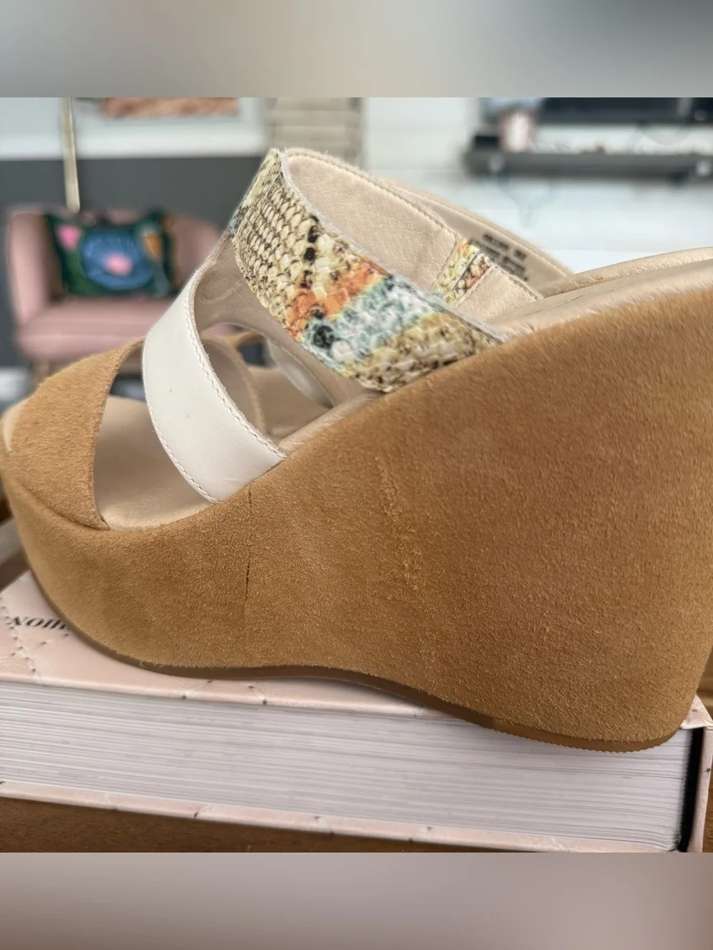 Women's Taupe Suede Wedge Sandals with White & Snake-Print Straps